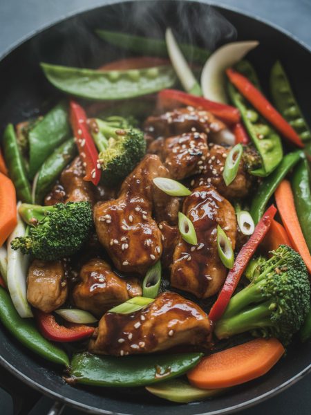 Overhead view of teriyaki chicken stir fry with glazed chicken, colorful vegetables, and sesame seeds in a wok