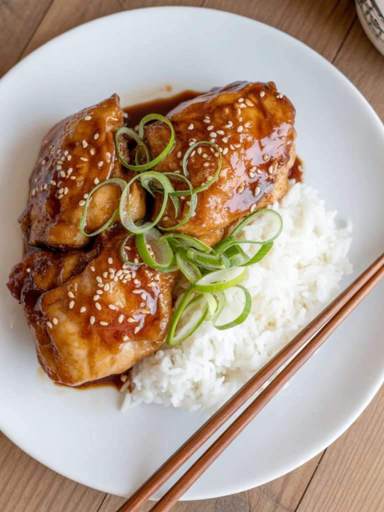 Golden-brown teriyaki chicken thighs with sticky glaze, garnished with sesame seeds and green onions, served with steamed rice