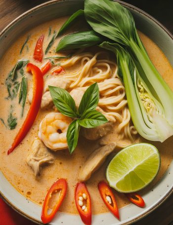 Overhead view of Thai red curry noodle soup with coconut broth, rice noodles, and fresh herbs