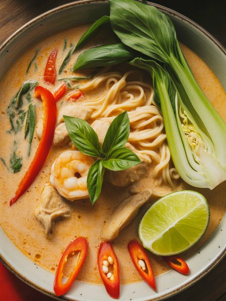 Overhead view of Thai red curry noodle soup with coconut broth, rice noodles, and fresh herbs
