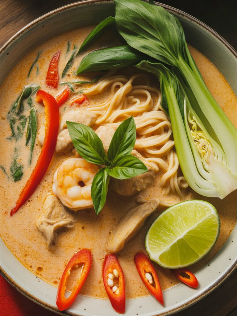 Overhead view of Thai red curry noodle soup with coconut broth, rice noodles, and fresh herbs