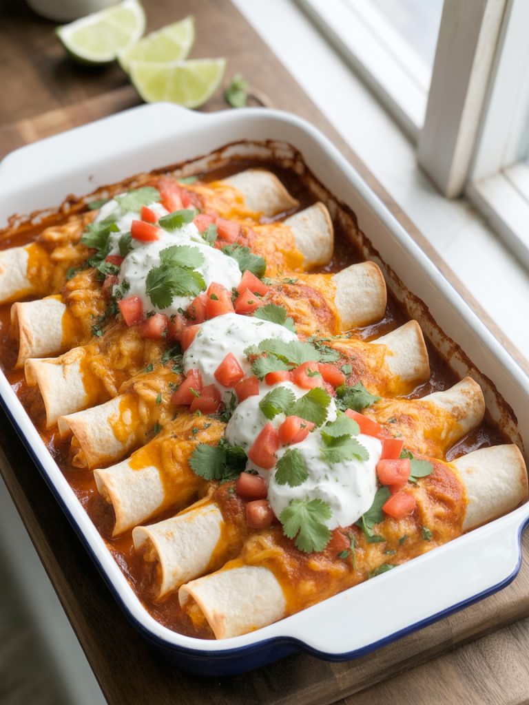 Low-point Weight Watchers chicken enchiladas in a baking dish topped with reduced-fat cheese and garnished with Greek yogurt and cilantro