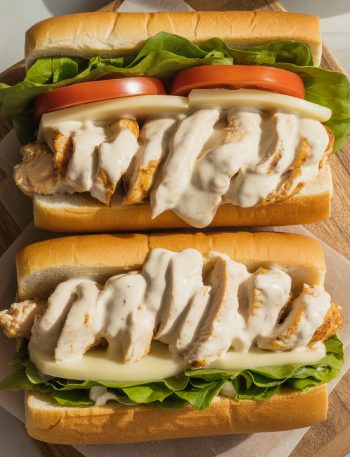 White BBQ chicken sub cut in half showing grilled chicken with creamy white sauce, melted cheese, lettuce and tomato on toasted roll