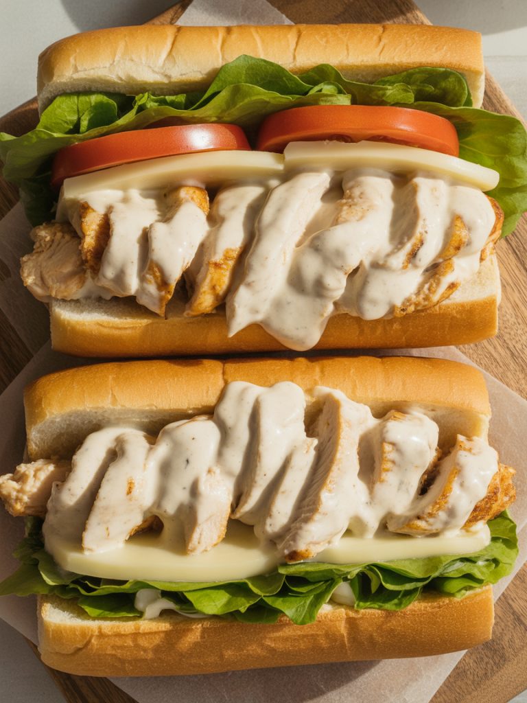 White BBQ chicken sub cut in half showing grilled chicken with creamy white sauce, melted cheese, lettuce and tomato on toasted roll
