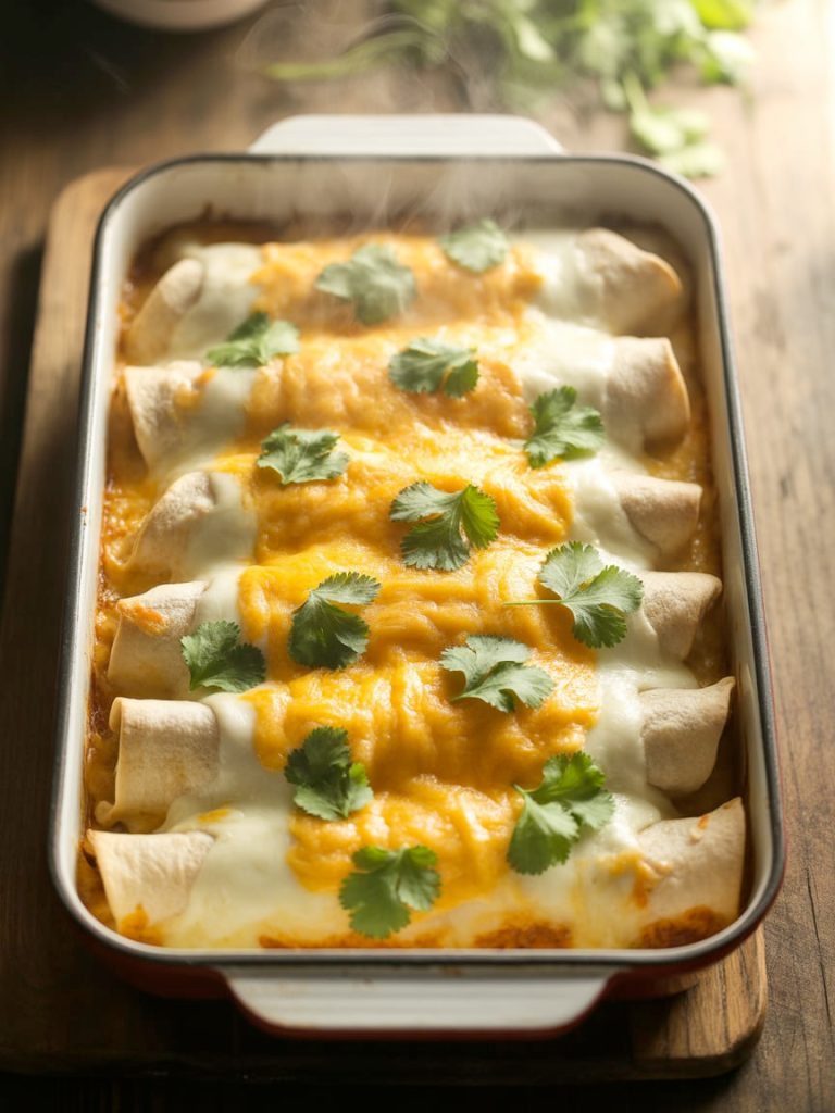 Baking dish of white chicken enchiladas covered in creamy sauce and golden melted cheese, garnished with cilantro