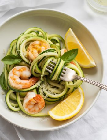 Overhead view of spiralized zucchini noodles with garlic butter shrimp, fresh basil, and Parmesan in white bowl