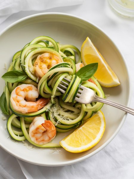 Overhead view of spiralized zucchini noodles with garlic butter shrimp, fresh basil, and Parmesan in white bowl