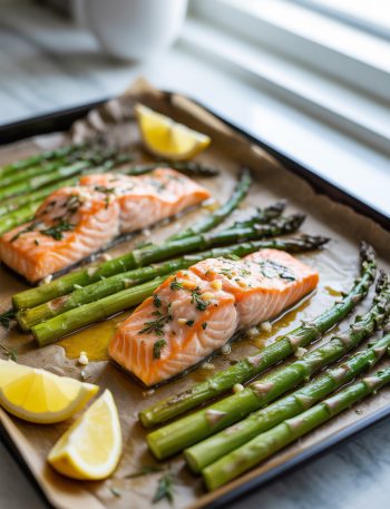Baked salmon fillets and roasted asparagus on a sheet pan with lemon wedges and garlic butter sauce