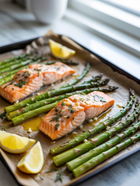 Baked salmon fillets and roasted asparagus on a sheet pan with lemon wedges and garlic butter sauce