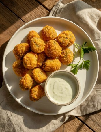 Crispy golden air fryer ranch mushrooms on white plate with ranch dipping sauce and fresh parsley garnish