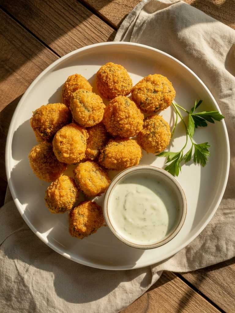 Crispy golden air fryer ranch mushrooms on white plate with ranch dipping sauce and fresh parsley garnish