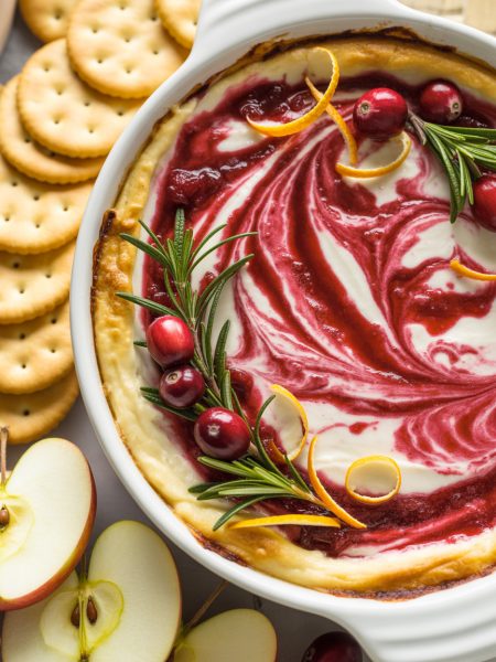 Baked cranberry cream cheese dip with swirled red and white pattern garnished with fresh cranberries and rosemary