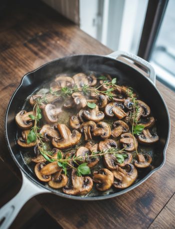 Golden-brown sautéed mushrooms in a cast iron skillet with butter and fresh herbs