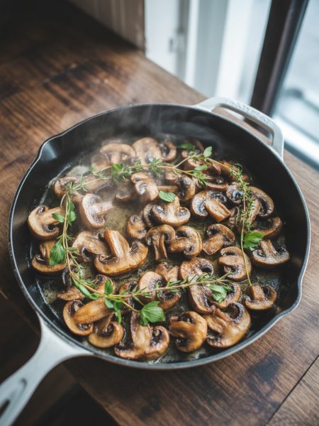 Golden-brown sautéed mushrooms in a cast iron skillet with butter and fresh herbs