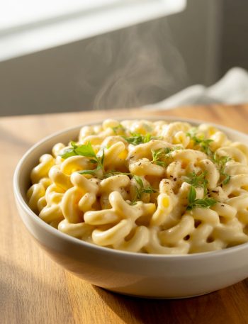 Bowl of creamy Boursin mac and cheese with garlic and herb flecks