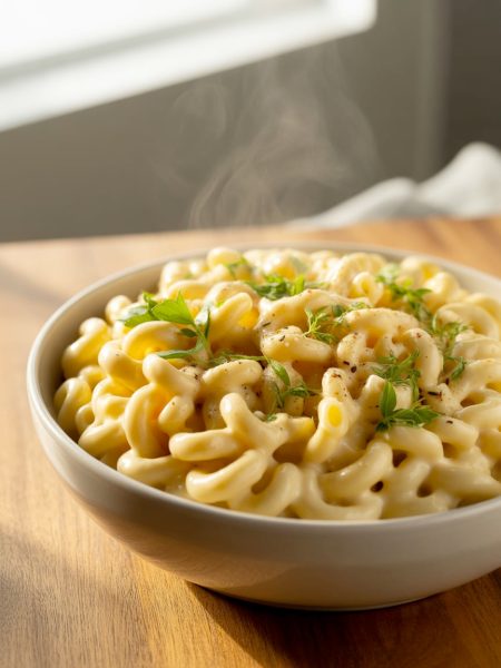 Bowl of creamy Boursin mac and cheese with garlic and herb flecks