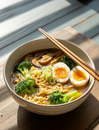 Bowl of broccoli mushroom ramen with noodles, vegetables and egg in savory broth