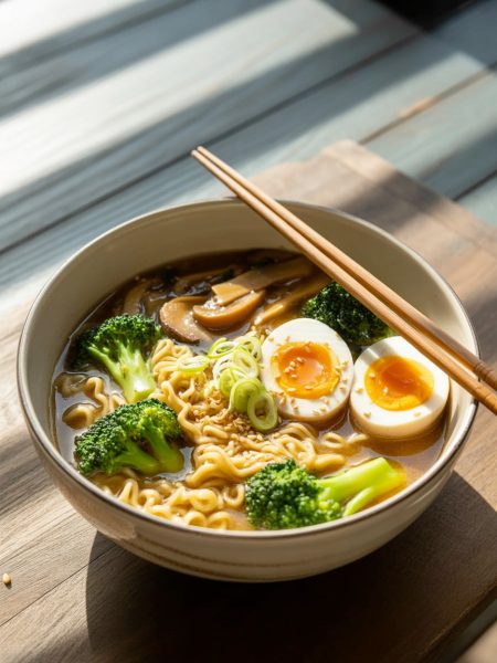 Bowl of broccoli mushroom ramen with noodles, vegetables and egg in savory broth