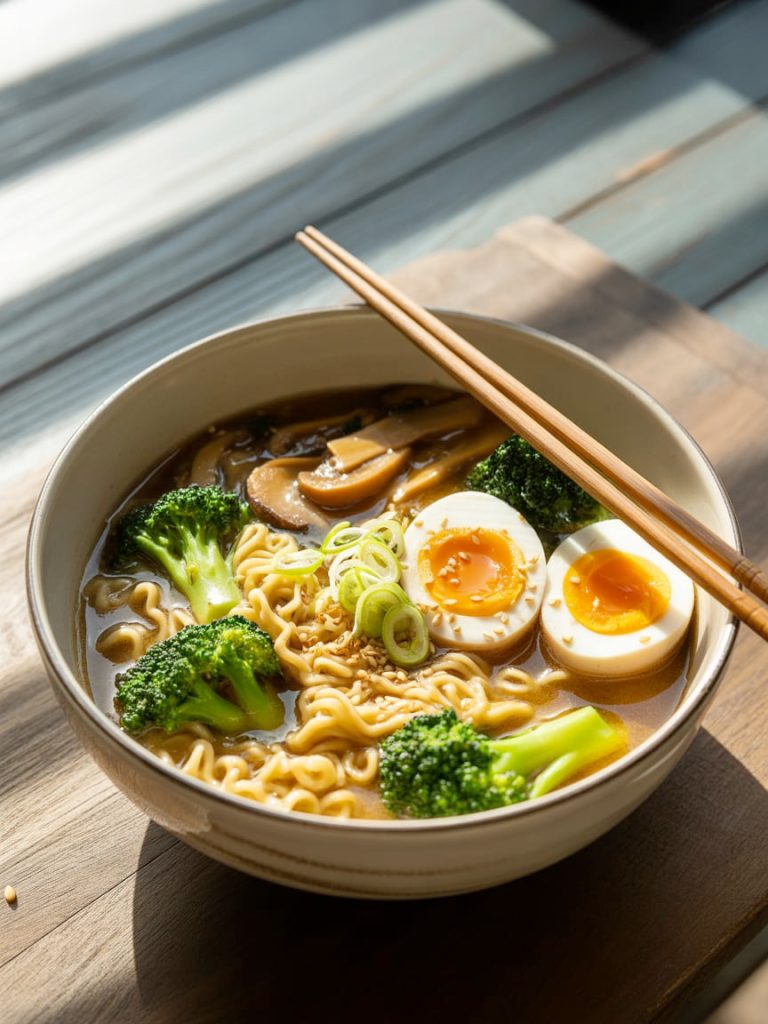 Bowl of broccoli mushroom ramen with noodles, vegetables and egg in savory broth
