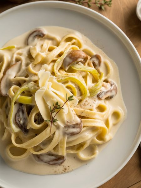 Elegant pasta with caramelized leeks, mushrooms, and Gruyere cheese in creamy sauce topped with fresh thyme