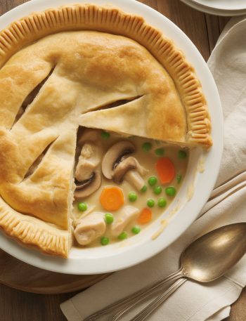 Golden flaky chicken mushroom pot pie with steam rising from cut slice showing creamy filling
