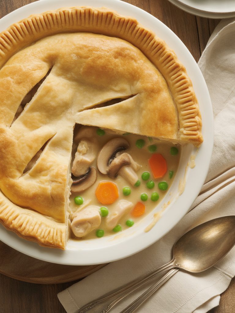 Golden flaky chicken mushroom pot pie with steam rising from cut slice showing creamy filling