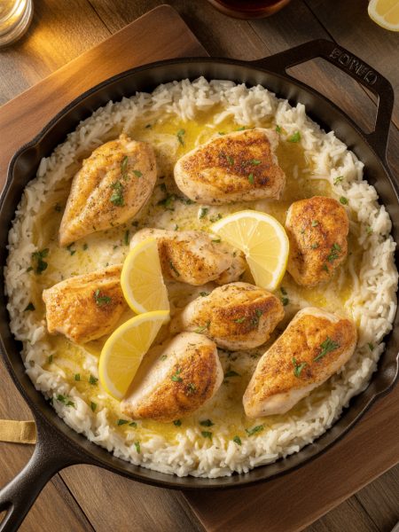 Golden chicken scampi pieces over creamy garlic parmesan rice in a skillet garnished with fresh parsley and lemon