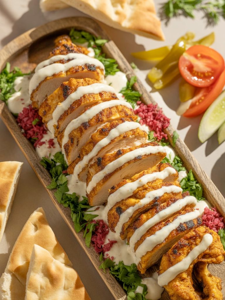 Sliced chicken shawarma with char marks drizzled with creamy garlic sauce, garnished with parsley and served with pita