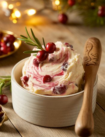 Christmas cranberry honey butter in bowl with visible cranberry pieces showing festive pink-red swirl