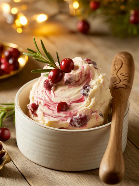 Christmas cranberry honey butter in bowl with visible cranberry pieces showing festive pink-red swirl