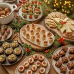 Festive Christmas Eve finger food platter with appetizers on wooden board decorated with holiday ornaments and pine branches