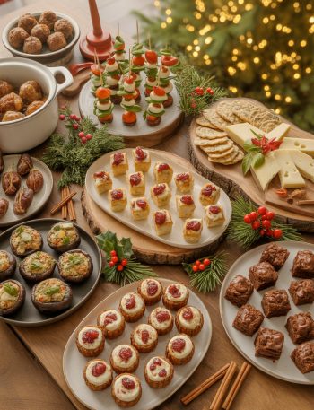 Festive Christmas Eve finger food platter with appetizers on wooden board decorated with holiday ornaments and pine branches