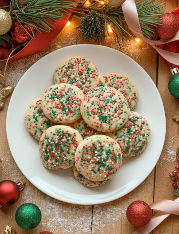 Soft Christmas sprinkle cookies covered in festive red, green, and white sprinkles on a holiday plate