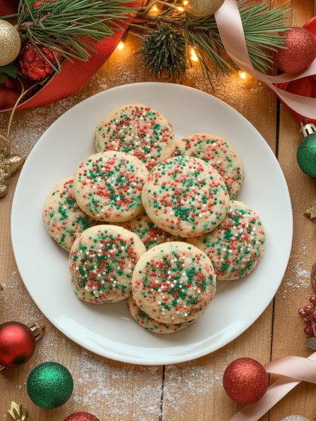 Soft Christmas sprinkle cookies covered in festive red, green, and white sprinkles on a holiday plate