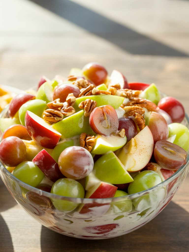 Glass bowl of creamy cinnamon apple grape salad with pecans on top