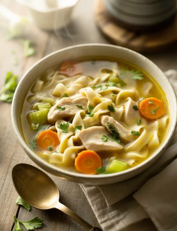 Classic ginger garlic chicken noodle soup in bowl with noodles, chicken, and vegetables in golden broth