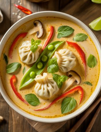 Creamy coconut curry soup with Asian dumplings, vegetables, and fresh herbs in a white bowl