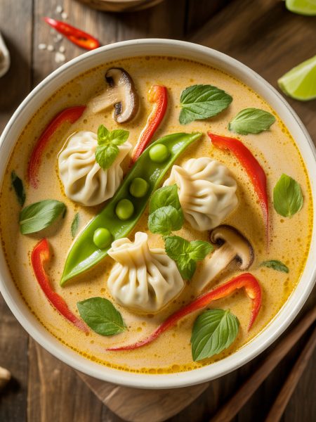 Creamy coconut curry soup with Asian dumplings, vegetables, and fresh herbs in a white bowl