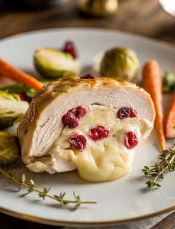 Sliced cranberry brie stuffed chicken breast showing melted brie and cranberries inside on elegant plate