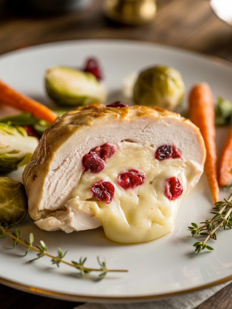 Sliced cranberry brie stuffed chicken breast showing melted brie and cranberries inside on elegant plate