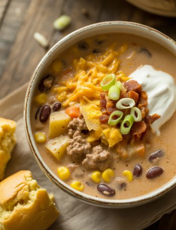 Loaded creamy cowboy soup with ground beef, beans, corn, potatoes, topped with cheese, sour cream, and bacon