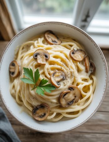 Creamy mushroom gruyere pasta served in a white bowl with golden mushrooms and fresh parsley garnish