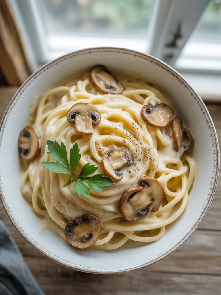 Creamy mushroom gruyere pasta served in a white bowl with golden mushrooms and fresh parsley garnish