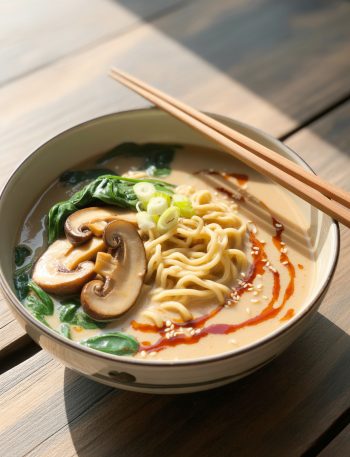 Bowl of creamy vegan ramen with mushrooms, noodles and garnishes in coconut broth
