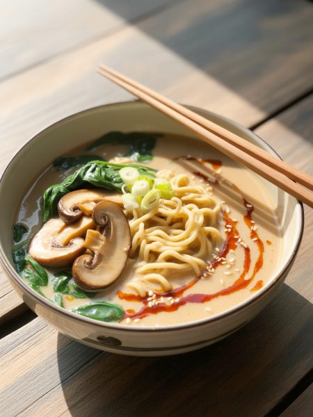 Bowl of creamy vegan ramen with mushrooms, noodles and garnishes in coconut broth