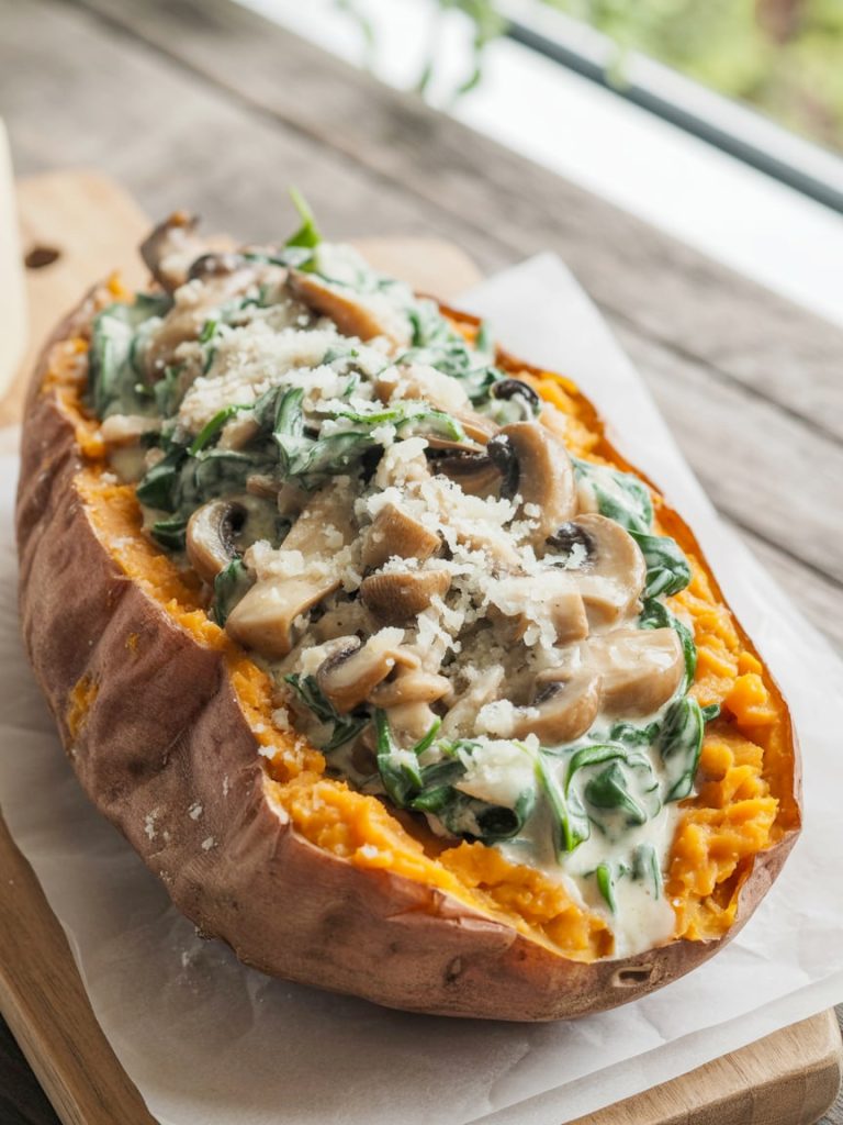 Baked sweet potato split open and filled with creamy mushroom spinach mixture