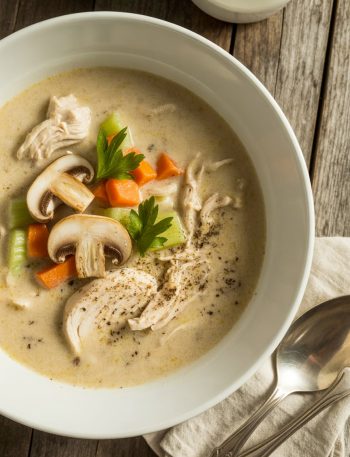 Creamy chicken mushroom soup in white bowl with tender chicken pieces, mushrooms, and fresh herbs