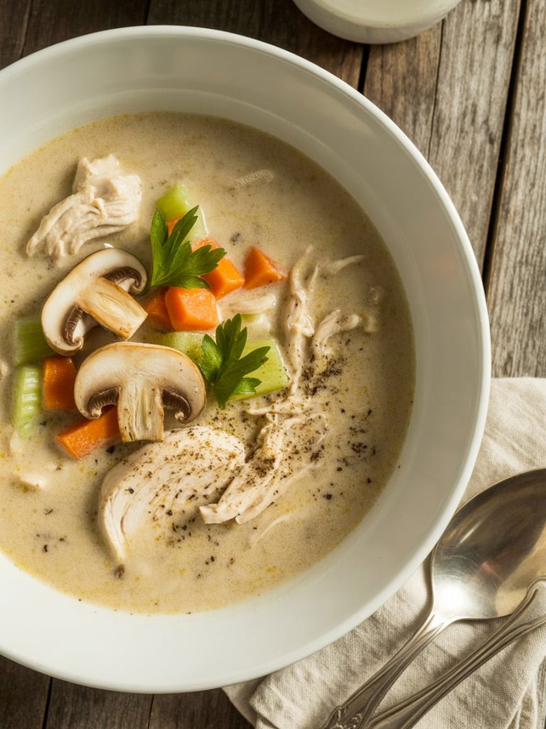 Creamy chicken mushroom soup in white bowl with tender chicken pieces, mushrooms, and fresh herbs