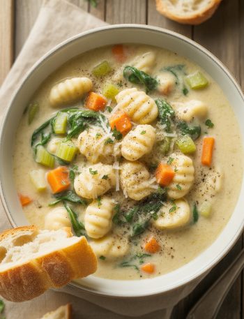 Creamy vegetarian gnocchi soup in a white bowl with pillowy gnocchi, vegetables, and fresh spinach topped with parmesan