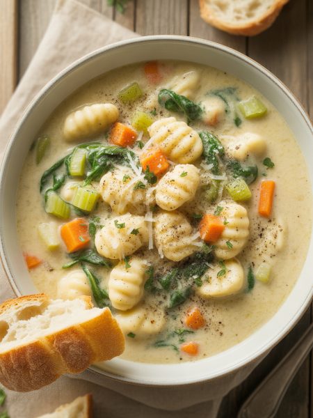 Creamy vegetarian gnocchi soup in a white bowl with pillowy gnocchi, vegetables, and fresh spinach topped with parmesan